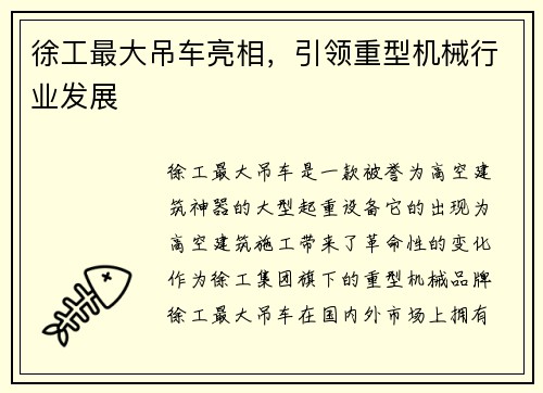 徐工最大吊车亮相，引领重型机械行业发展